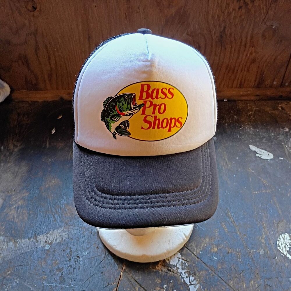 Bass Pro Shops Trucker Hat White/Black Colorblock Fish Logo Adjustable One Size